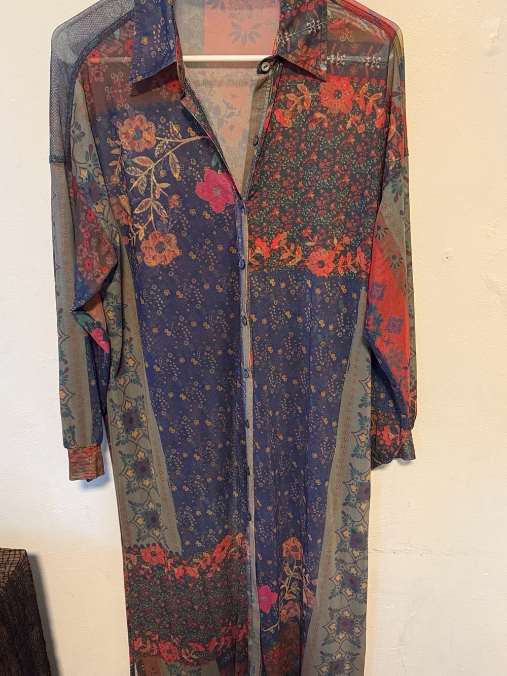 NATURAL LIFE Floral Patchwork Sheer Midi Shirt Dress - Blue & Red